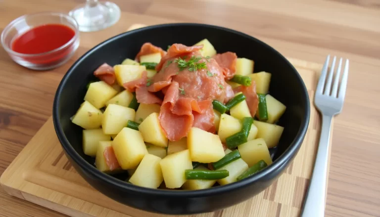 Timbal de judías verdes con patatas y jamón ibérico
